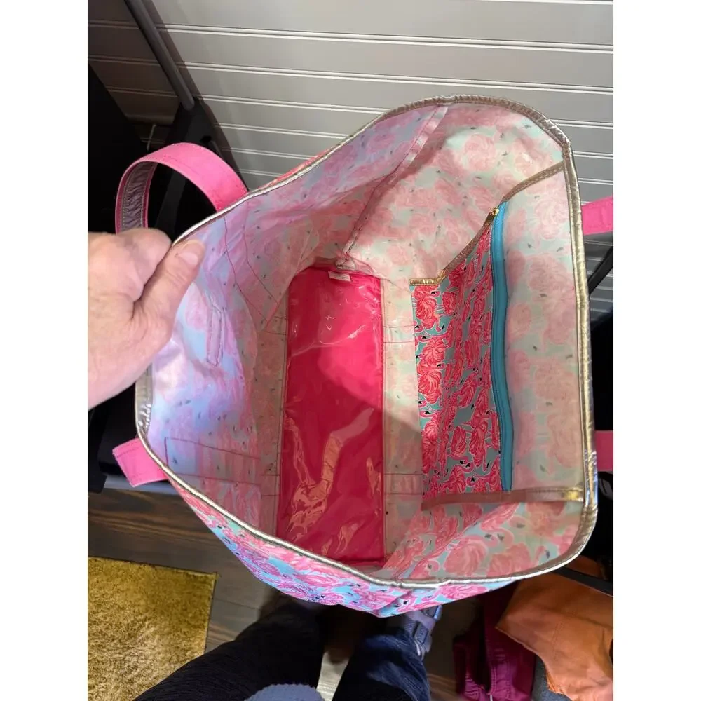 RARE VTG Lily Pulitzer All Over Flamingo Print Coated Tote Bag